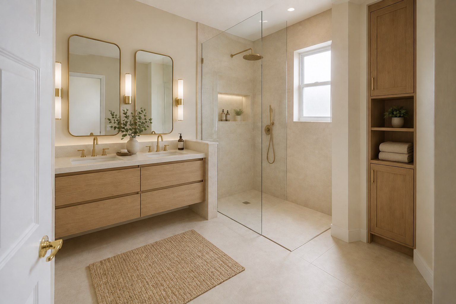 AI-generated spa-like primary bathroom after renovation concept