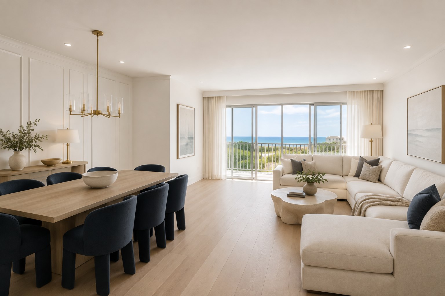 AI-generated refined Gulf Coast condo living room after renovation concept