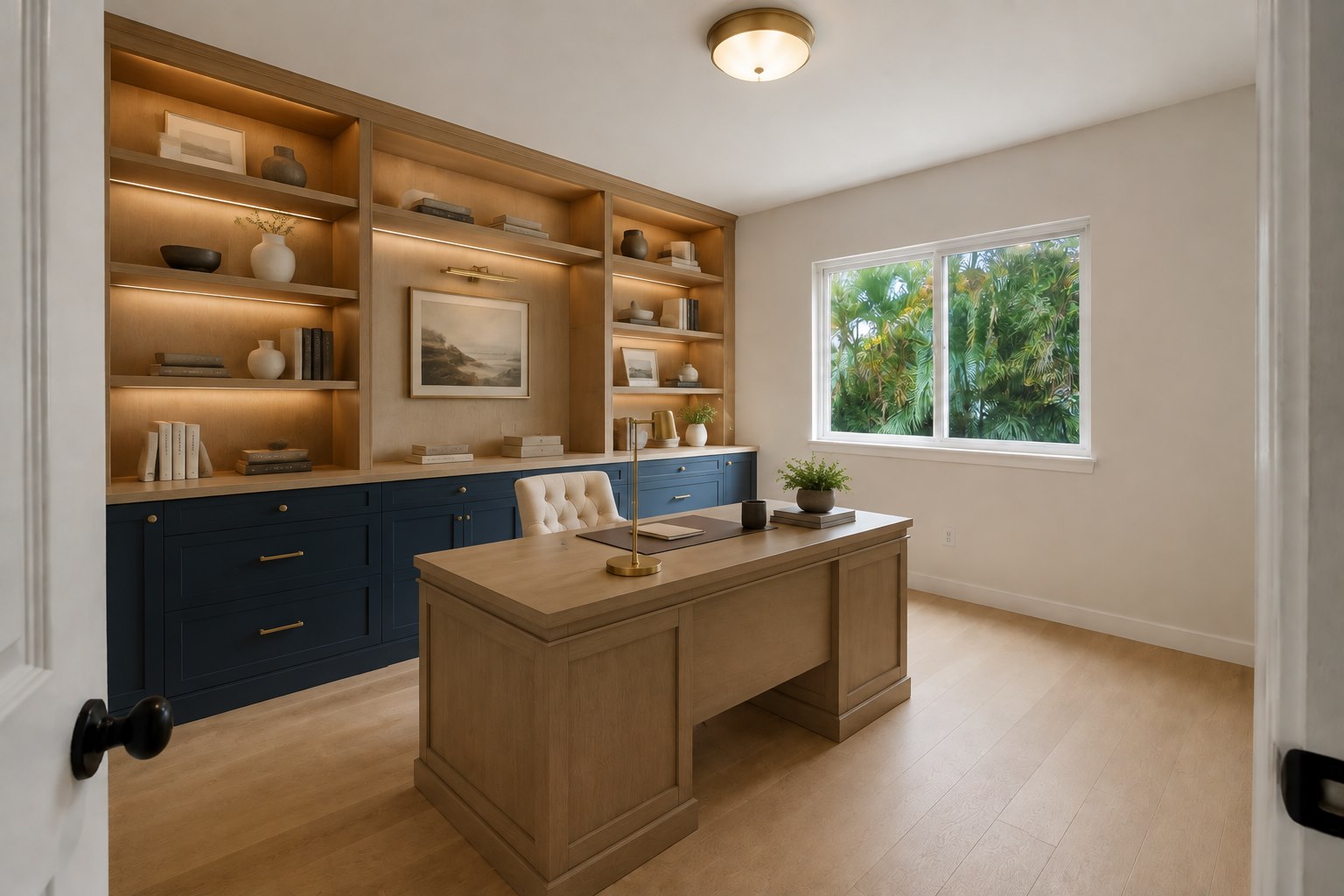AI-generated custom built-in home office after renovation concept