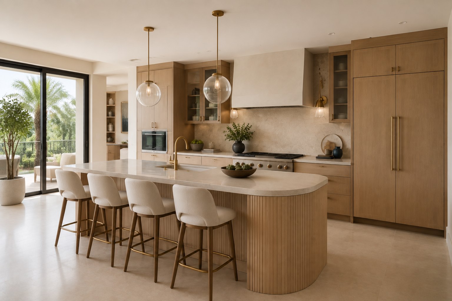 AI-generated coastal luxury kitchen with warm oak cabinetry and brass details