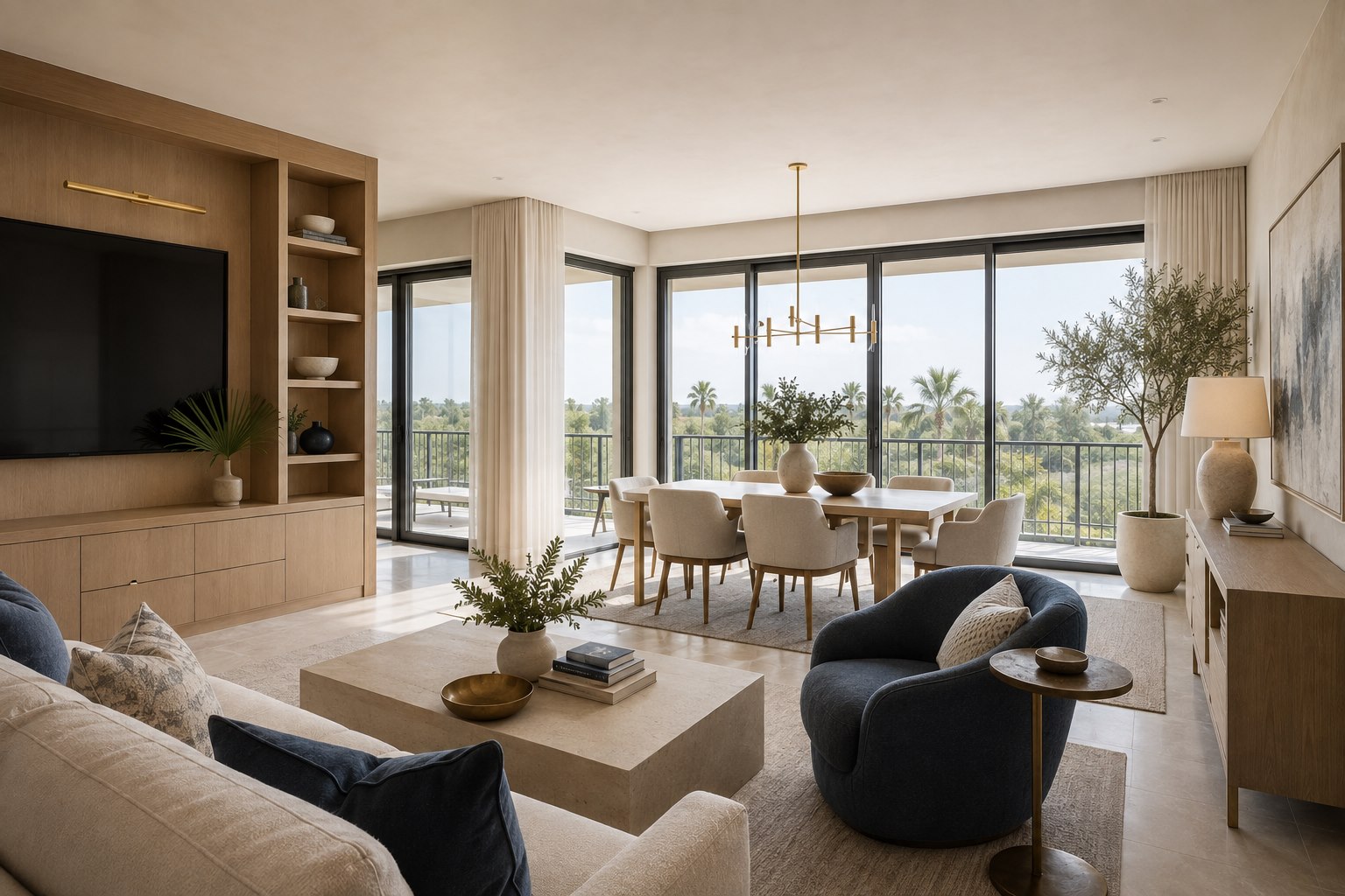 AI-generated Sarasota condo living and dining room with coastal views