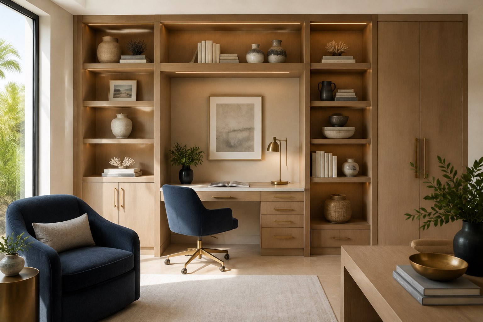 AI-generated home office with custom built-in cabinetry