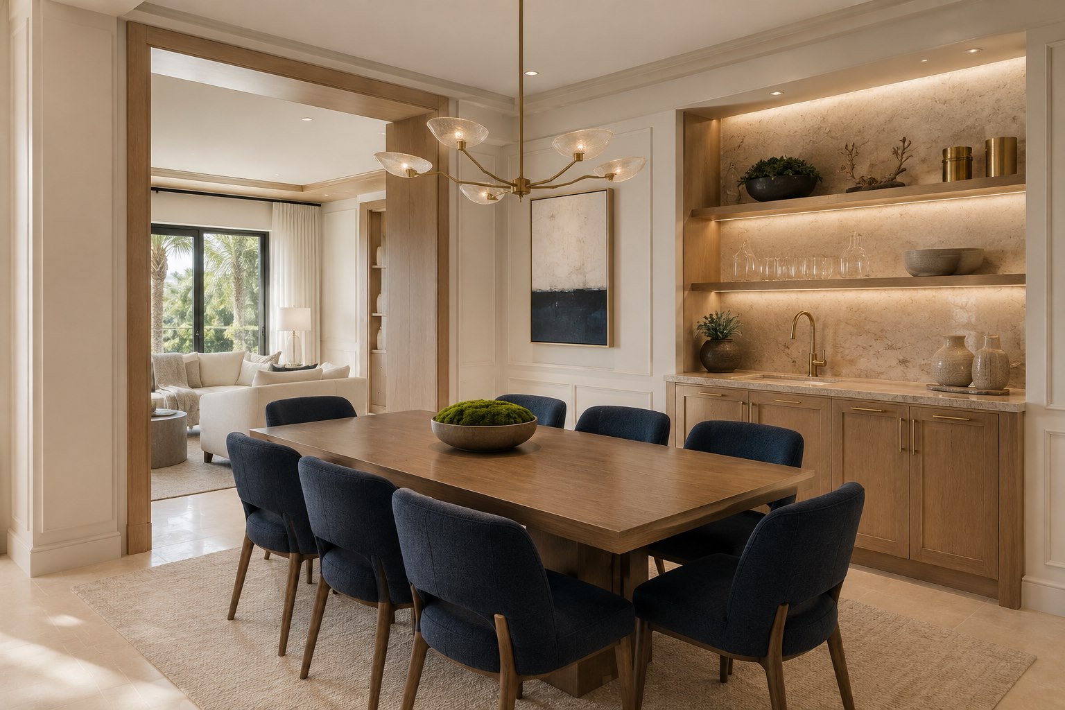 AI-generated dining room with custom wet bar and navy seating
