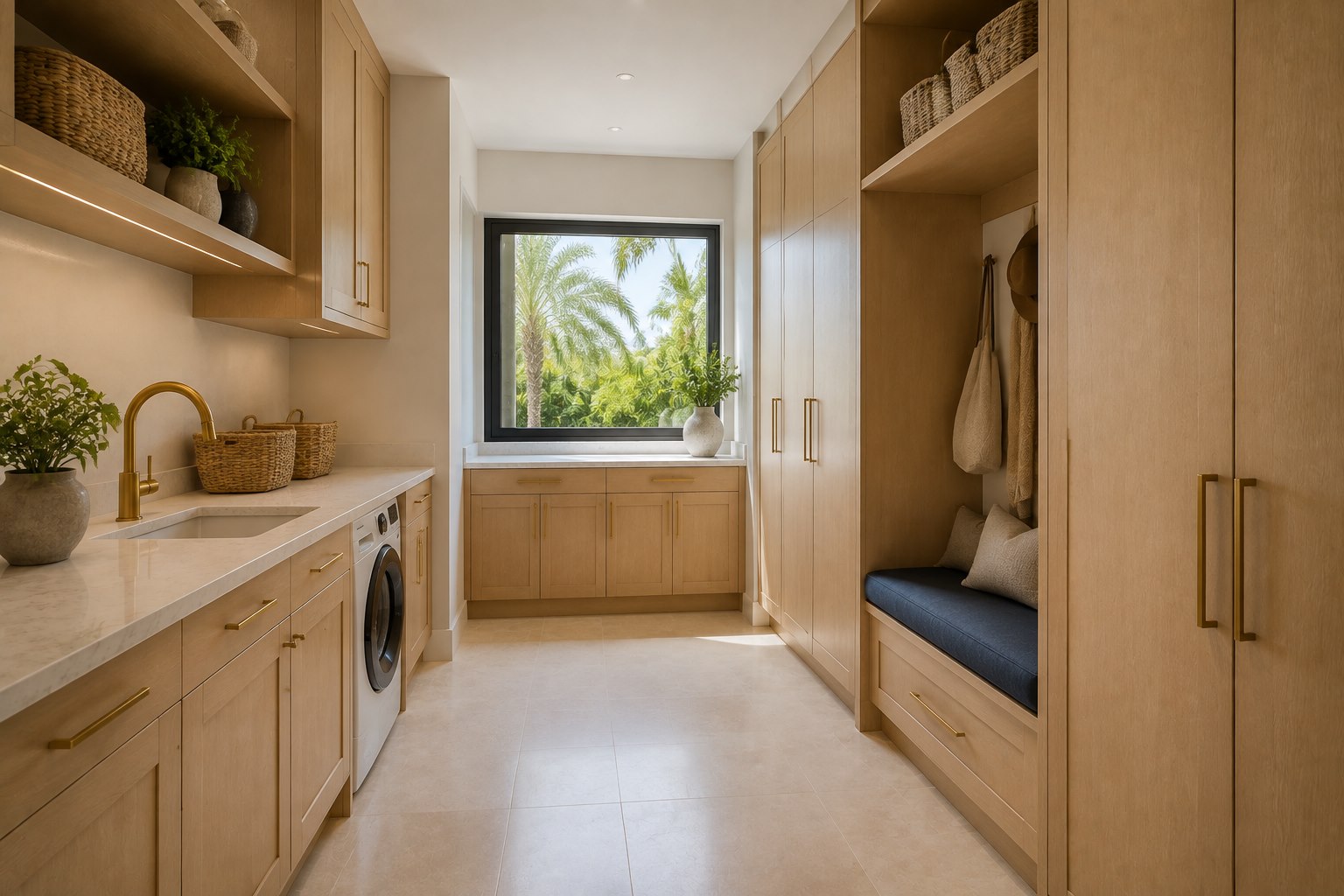 AI-generated luxury laundry and mudroom with abundant storage