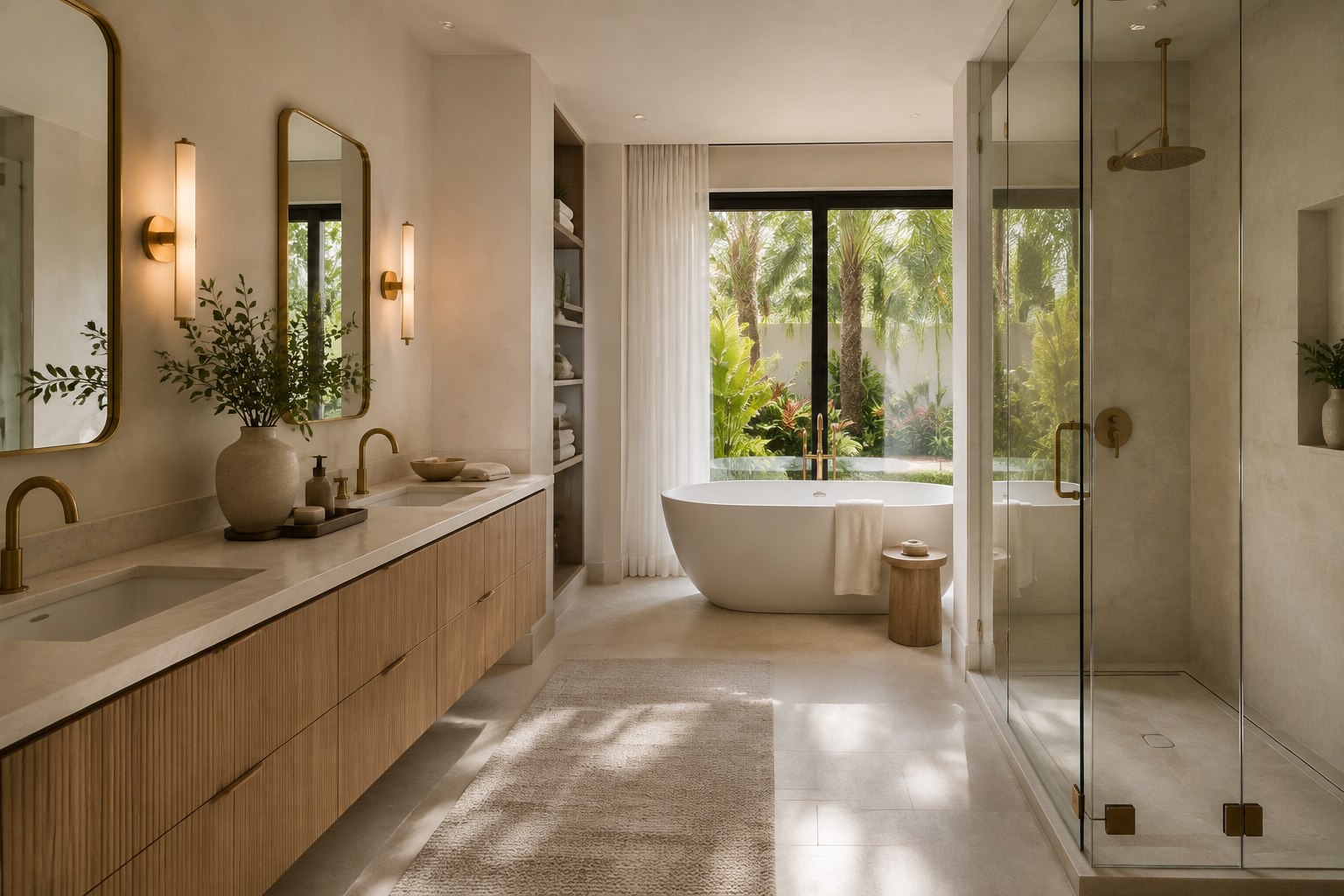 AI-generated spa bathroom with natural stone and warm wood
