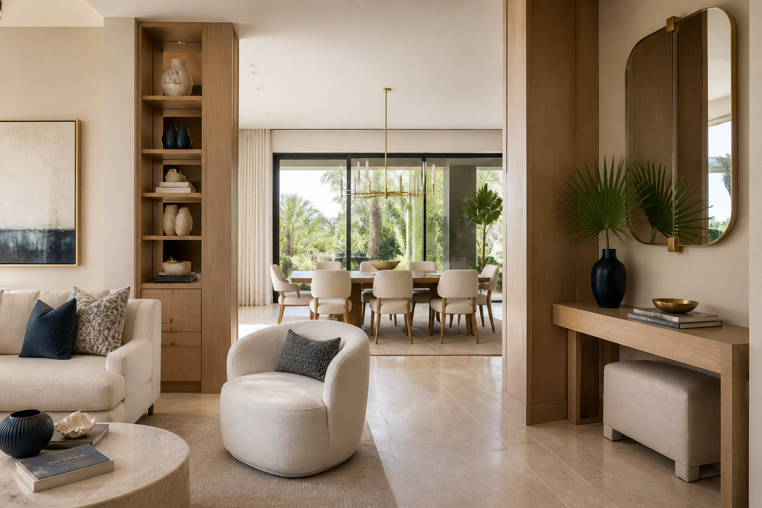 AI-generated refined Gulf Coast kitchen and living interior design concept