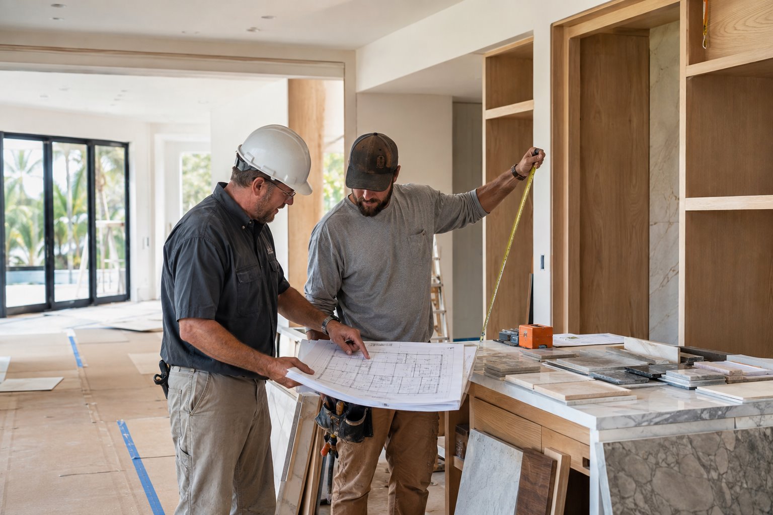 Remodeling professionals working inside a modern Gulf Coast home