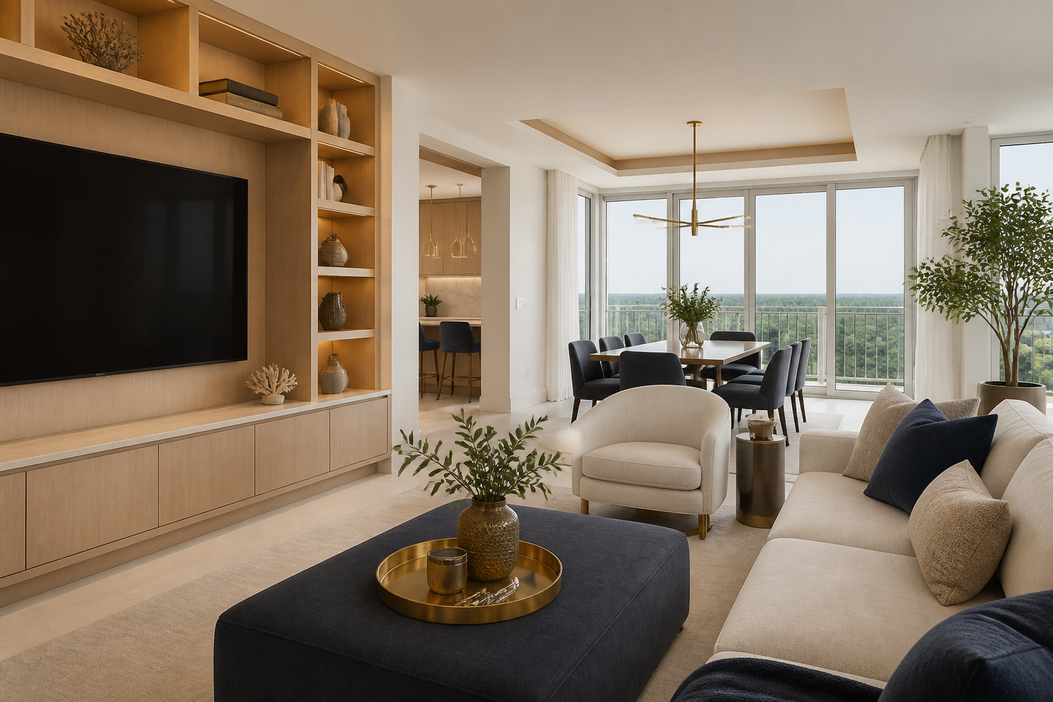 AI-generated open-plan coastal living room design concept