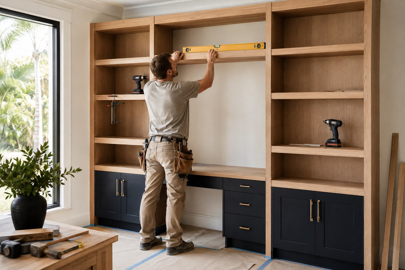 AI-generated concept of a finish carpenter installing custom built-in shelving