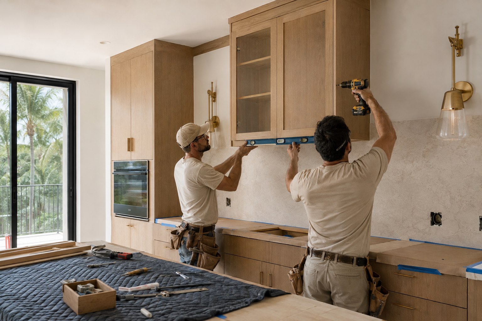 AI-generated concept of professional cabinet installers working in a luxury kitchen