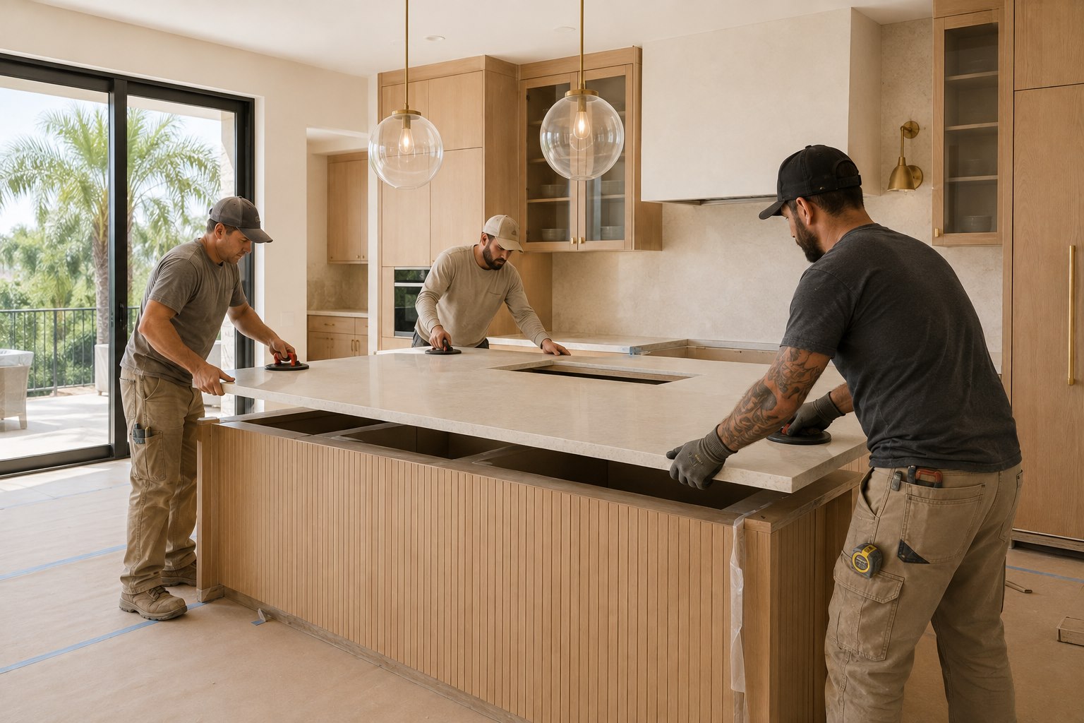 AI-generated concept of professional installers positioning a quartz island countertop