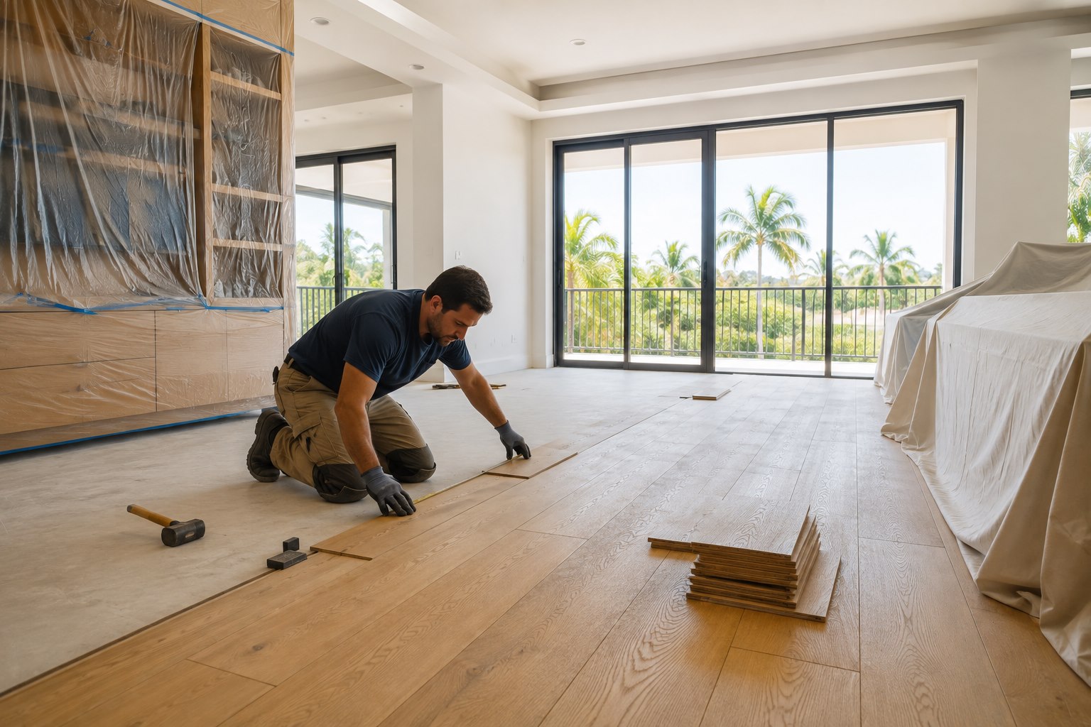 AI-generated concept of a professional flooring installer working in a coastal living room