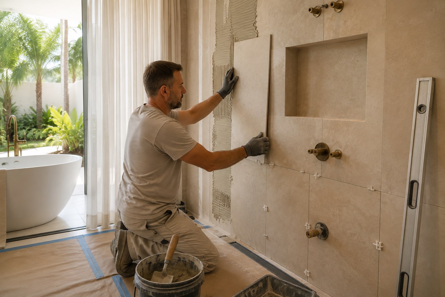 AI-generated concept of a professional tile setter installing shower wall tile